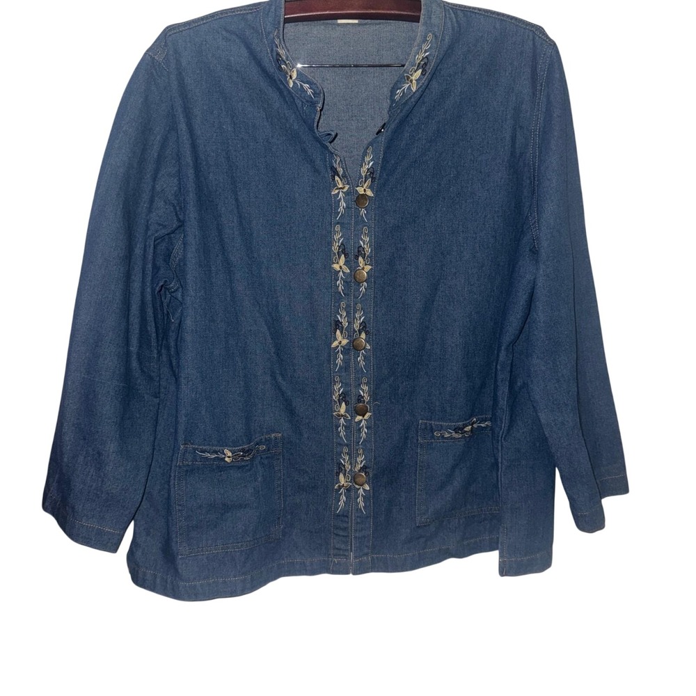 Tudor Court Denim Jacket Womens XX Blue Embroidered Floral Button Front Vintage